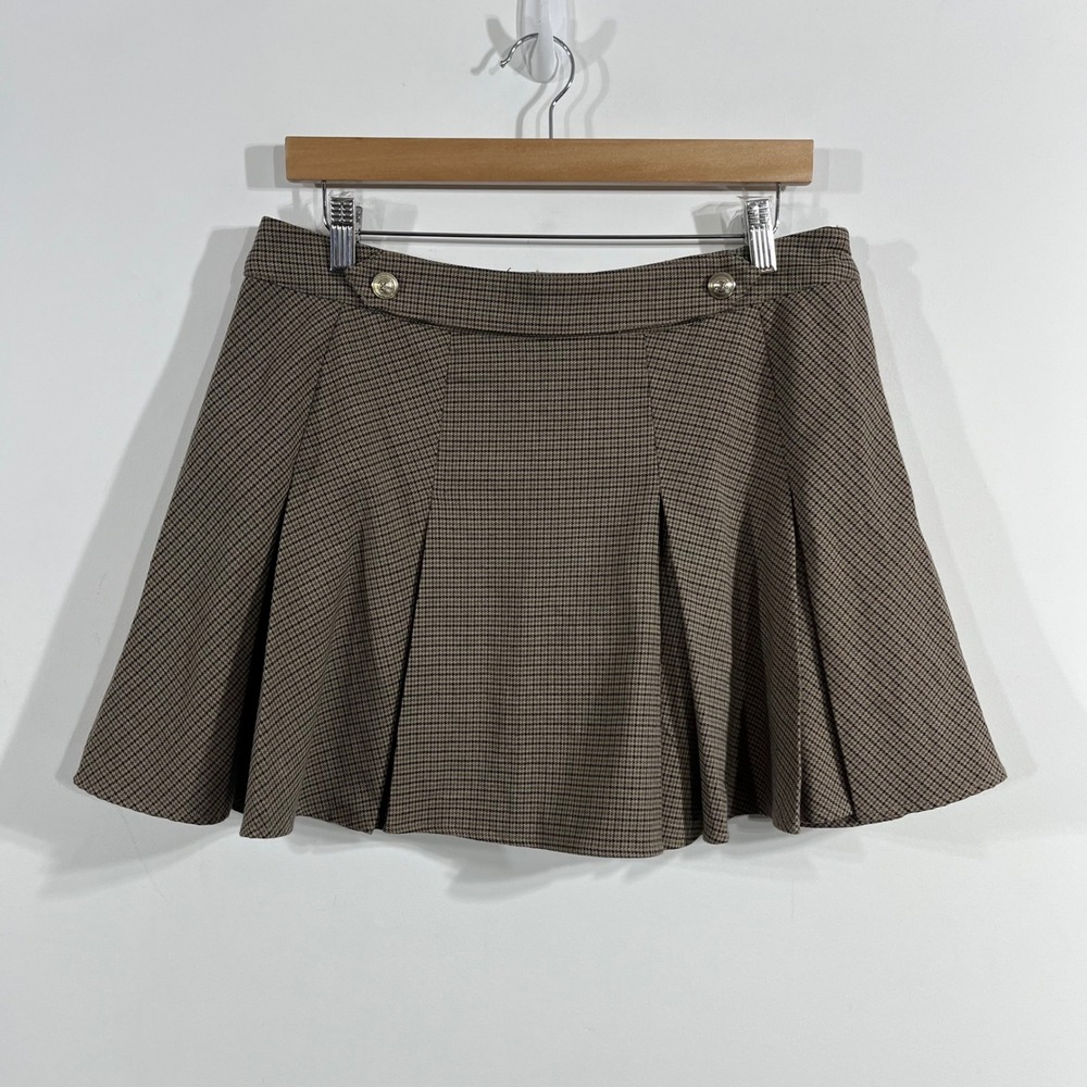 H&M Y2K Brown‎ Houndstooth Pleated Mini Skirt Preppy Academic Medium Heritage